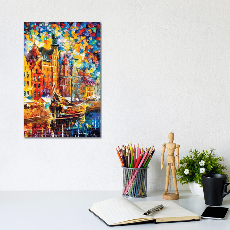 « Old dock » par Leonid Afremov, reproduction d’art, Pas de tapis, Toile tendue, H 12 po x l 8 po x P 0,75 po