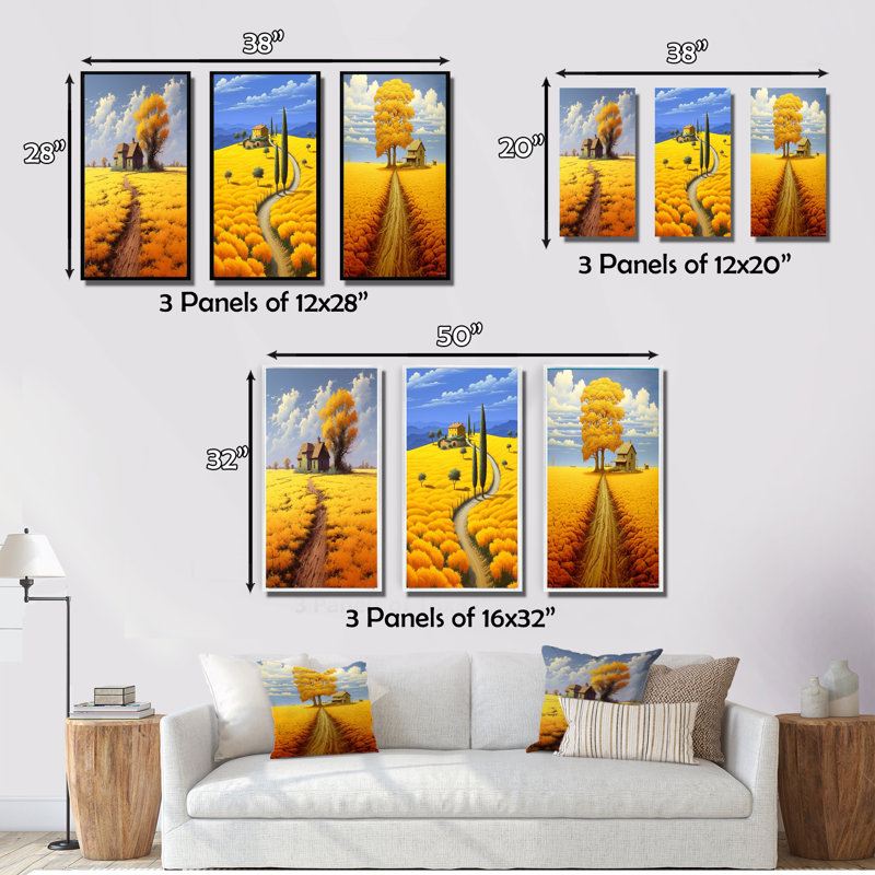 Cottage Countryroad Golden Blossoming Fields I - ensemble de 3 reproductions, Cadre flottant blanc, H 36 po x l 20 po