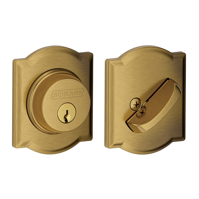 Single Cylinder Deadbolt with Camelot Trim, Antique Brass