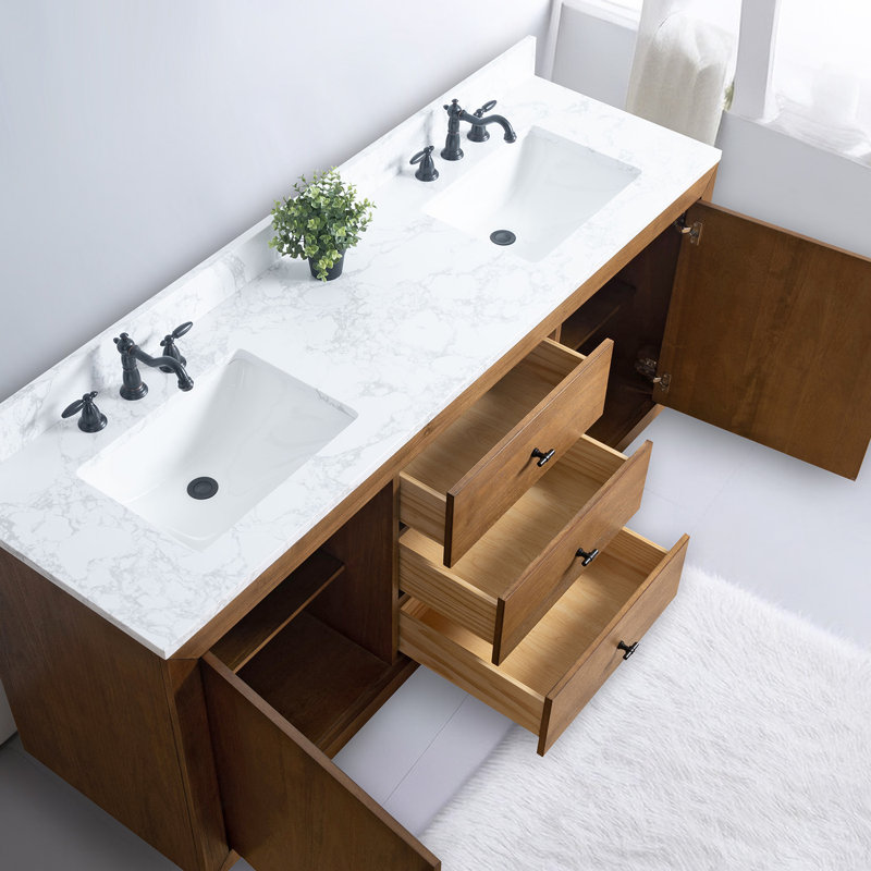 Avignon 72" Double Sink Freestanding Bathroom Vanity with Engineered Marble Top, Arabescato White, Tan, 72"