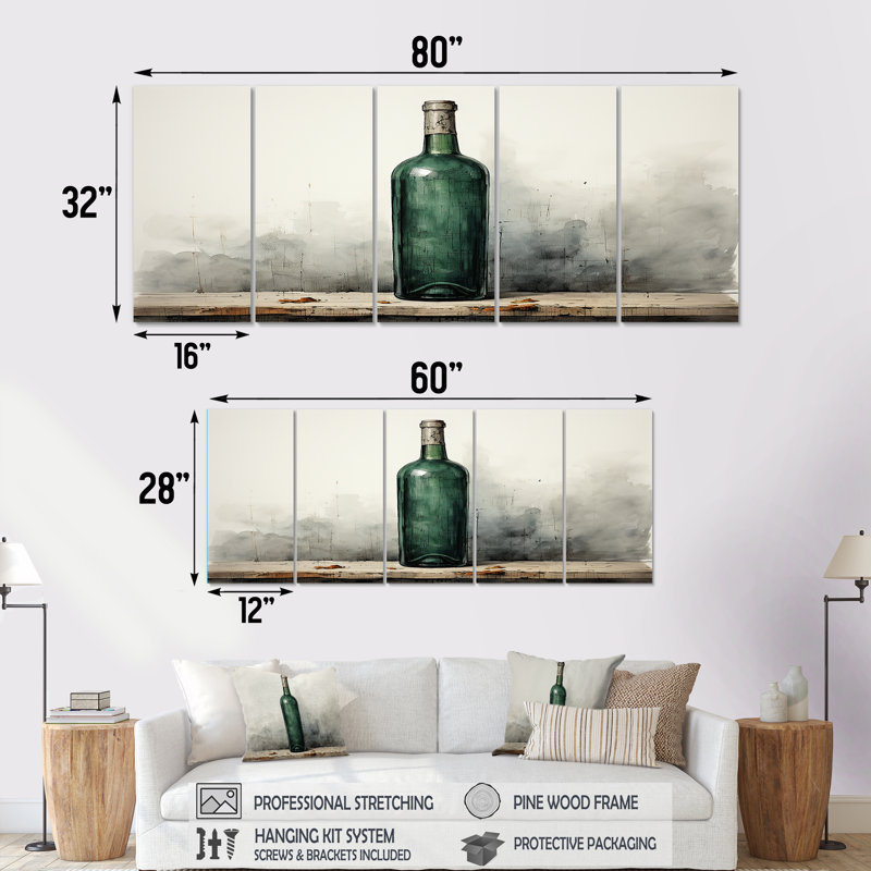 «Green Minimalist Wine Bottles Silhouette III», ensemble d'art mural 5 pièces, H 28 po x l 60 po
