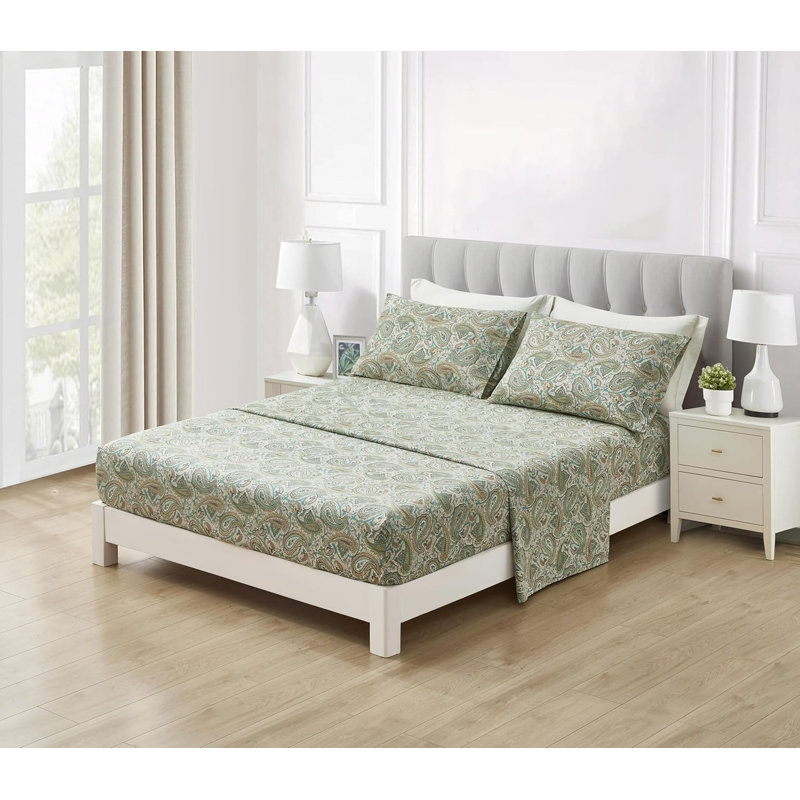 Presley Paisley Floral Printed Cotton Bed Sheet Set, Full Sheet Set with 2 Standard Pillowcases