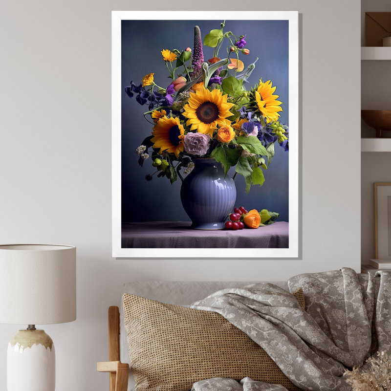 Nature morte avec des tournesols dans un vase I - impression, H 40 po x l 30 po x P 1,5 po, Cadre simple blanc