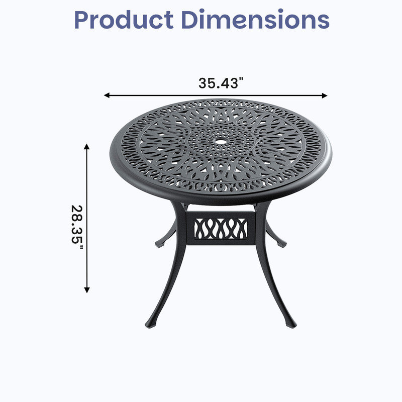 Table de salle à manger ronde de patio de 90 cm (35,43 po) avec trou pour parasol de 4,8 cm (1,88 po), cadre en aluminium moulé