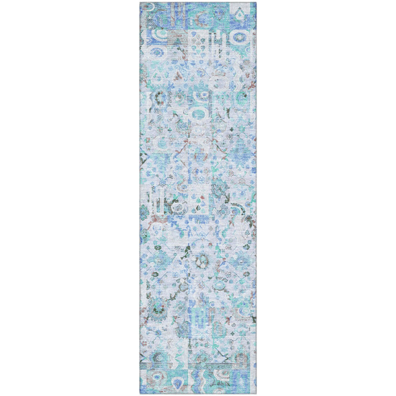 Premium Machine Washable Mayfield AMF2099 Global Rug, Blue, 2'3" x 7'6" Runner