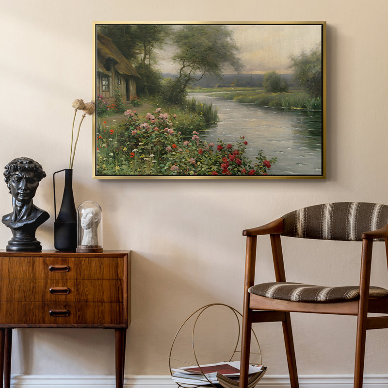 Paysage rétro - CCLVI, Toile avec cadre flottant or, H 27 po x l 41 po x P 2 po