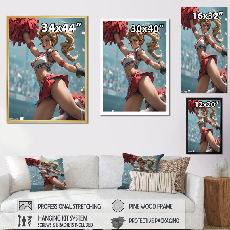 «Playful Dancing Cheerleader» sur toile, Cadre flottant blanc, H 32 po x l 24 po x P 1 po
