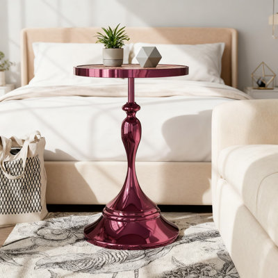 Modern Round End Table With Decorated Tabletop And Iron Metal Base, Accent Pedestal Stand For Living Room And Home Office