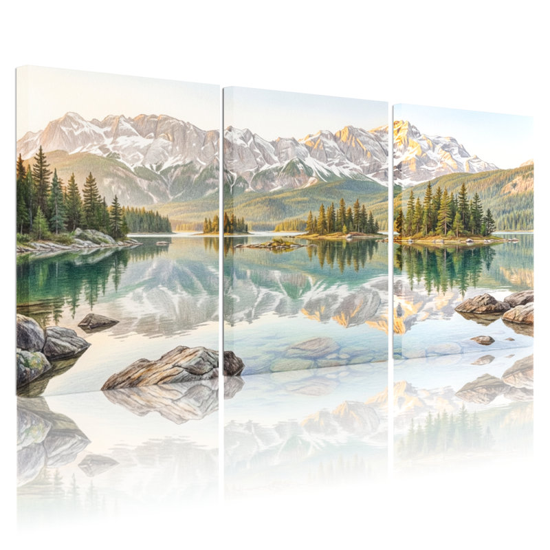 Ensemble de 3 tableaux sur toile représentant un paysage de lac de montagne, 2436