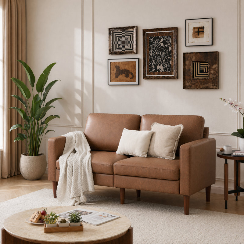 Ashvini 65" W Faux Leather Square Arm Loveseat with Reversible Cushions, Brown/Espresso Wood