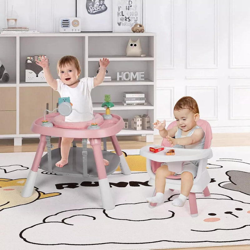 Foldable High Chair for Babies & Toddlers, Adjustable Height, Recline, Storage Basket, Double Trays, Easy to Clean, Pink