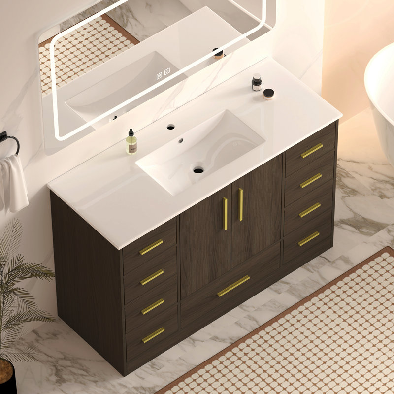 Meuble-lavabo 48 po brun foncé. Armoire de rangement abondante - 2 portes à fermeture douce et 9 tiroirs, Marron foncé