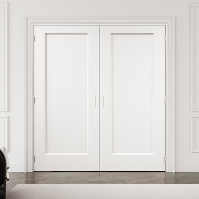 Porte française intérieure à 1 panneau creux de 56 po x 80 po avec quincaillerie noire et poignée à boule, finition blanche et à peindre, durable et imperméable, combinaison pour la lessive, portes de placard, portes de pièce, assemblage requis