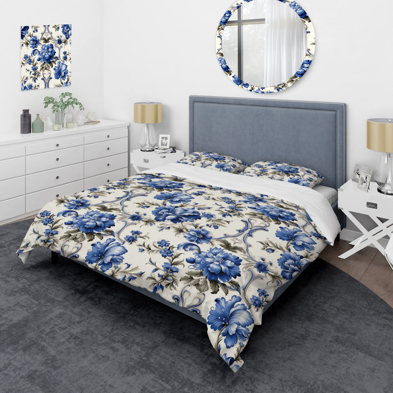 Ensemble de housse de couette motif ornemental bleu à motif victorien I, Housse de couette pour très grand lit et 2 très