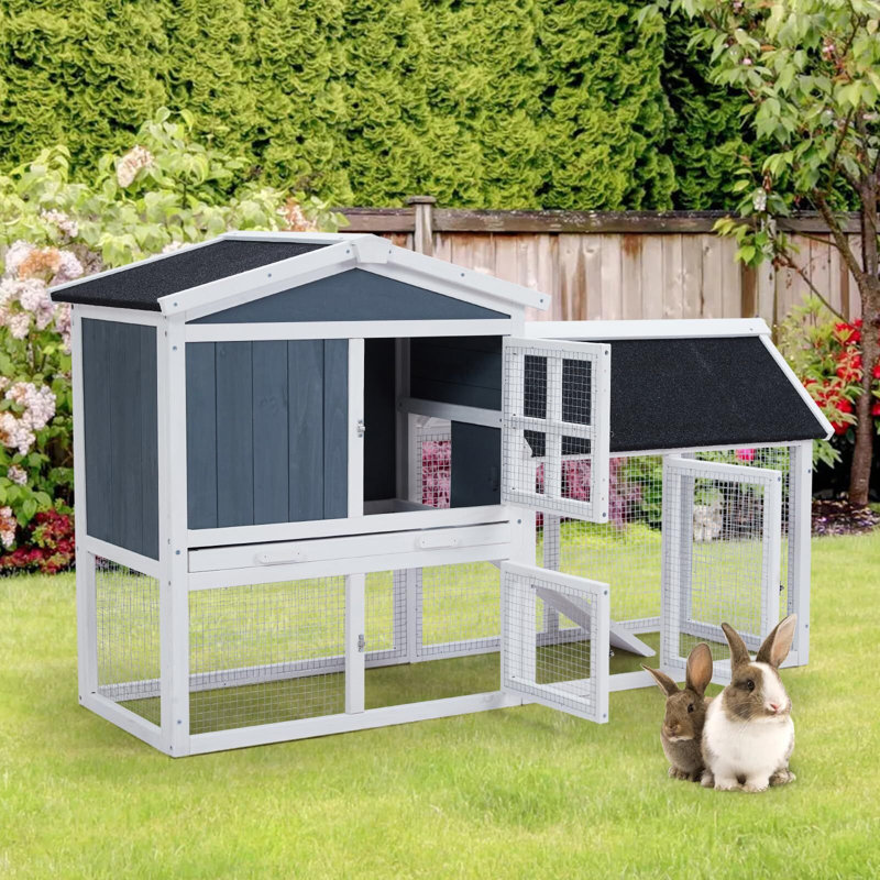 Cage à lapin intérieure et extérieure Rabbit Hutch, cage à lapin intérieure en bois à deux étages, Blanc / Bleu