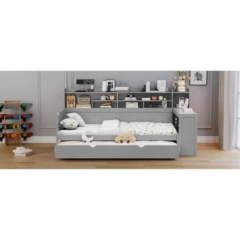 Lit de jour simple en bois avec tablettes de rangement, lit multifonctionnel avec lit gigogne simple et bureau d'étude, gris
