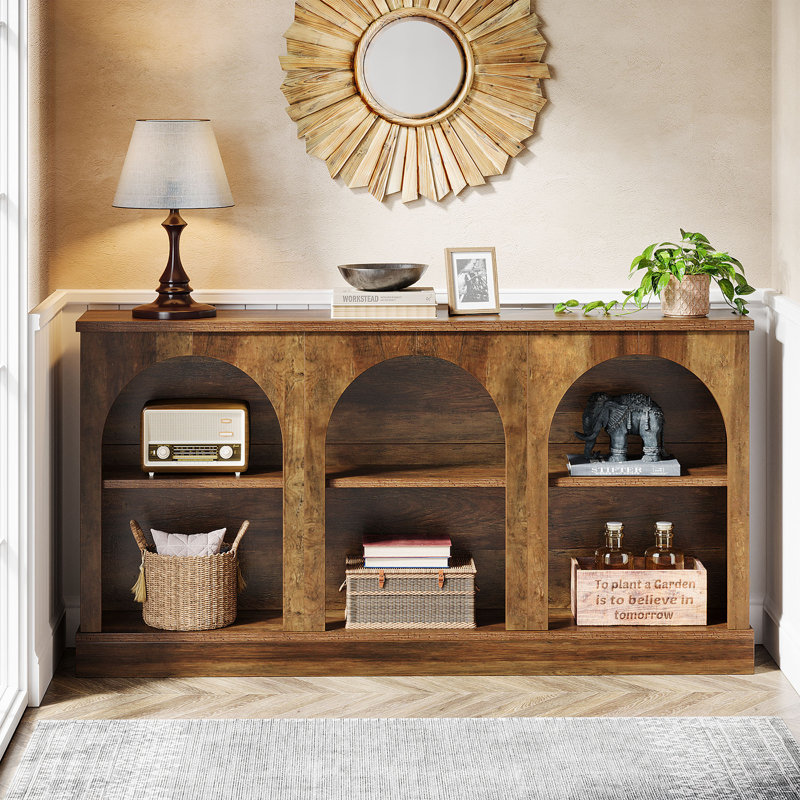63-Inch Long Farmhouse Wooden Rectangular Entryway Console 3 Tier Storage Sofa Table Behind Couch, Brown