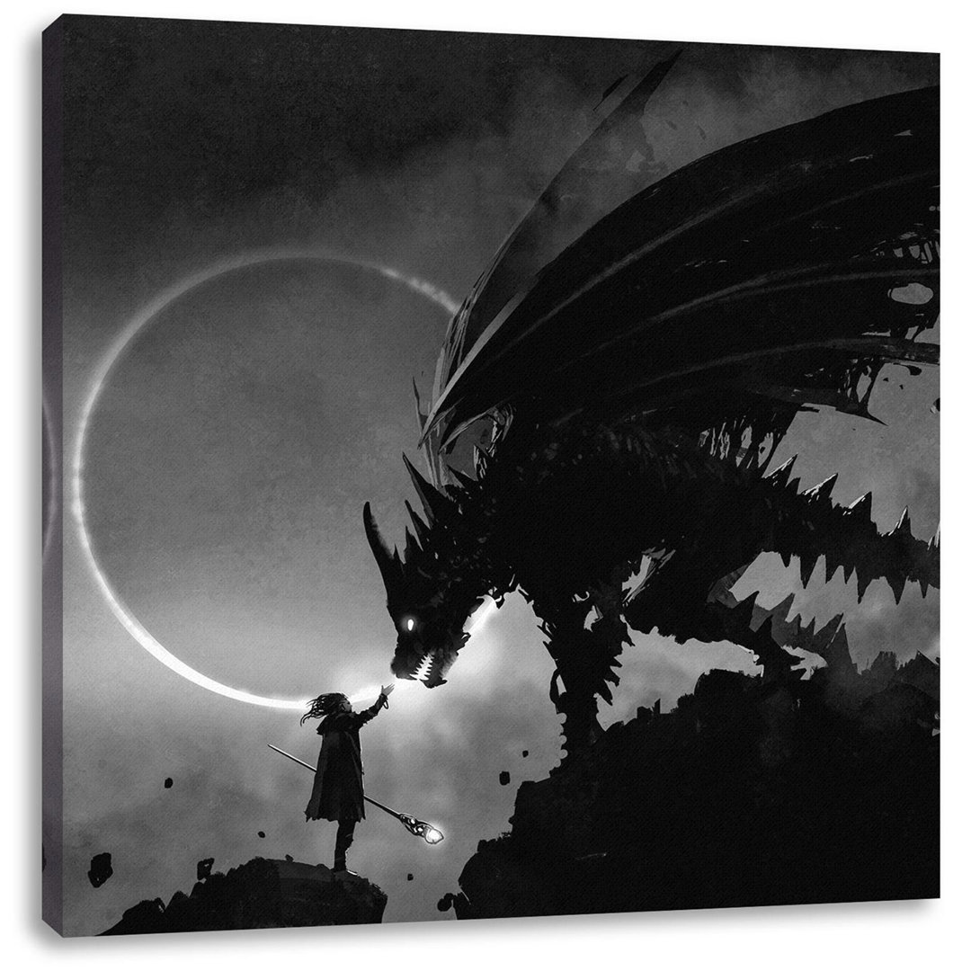 Zauberer und Drache in Sonnenfinsternis, monochrom als Leinwandbild quadratisch