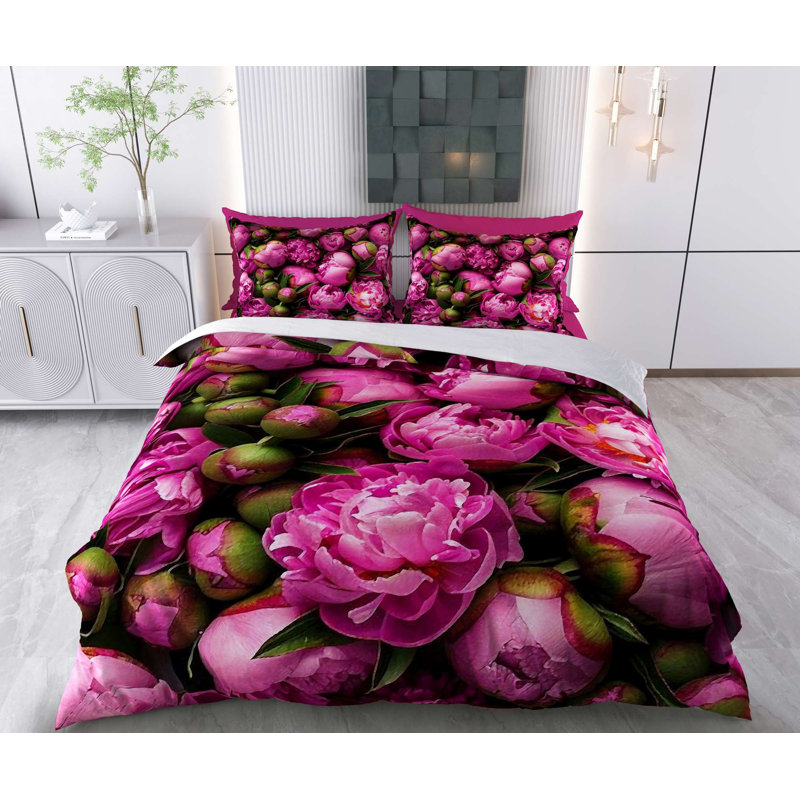 Ensemble de housse de couette, Floral noir / vert / rose, Housse de couette double + 2 taies d'oreiller stan