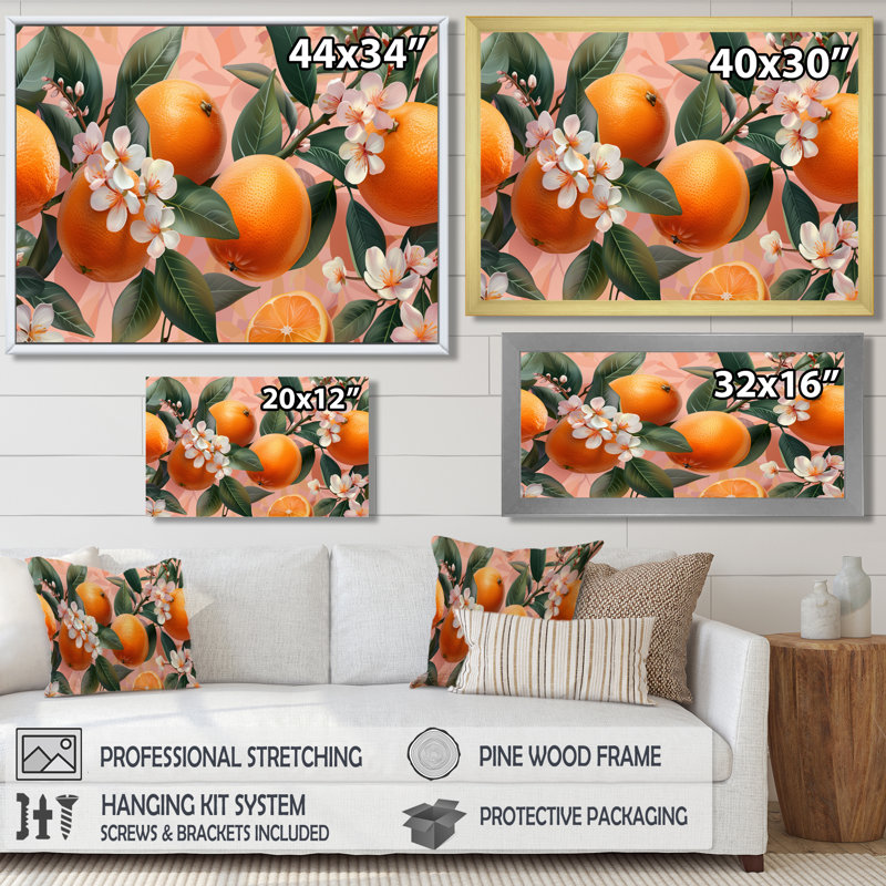Yellow Pink Floral Orange Trees IV - Fruits Wall Art Print, Silver Floater Framed, 16" H x 32" W