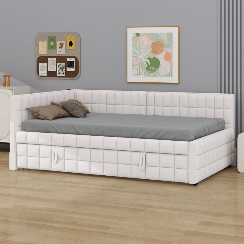 Lit de jour rembourré en L avec couchette escamotable et ports USB, Beige