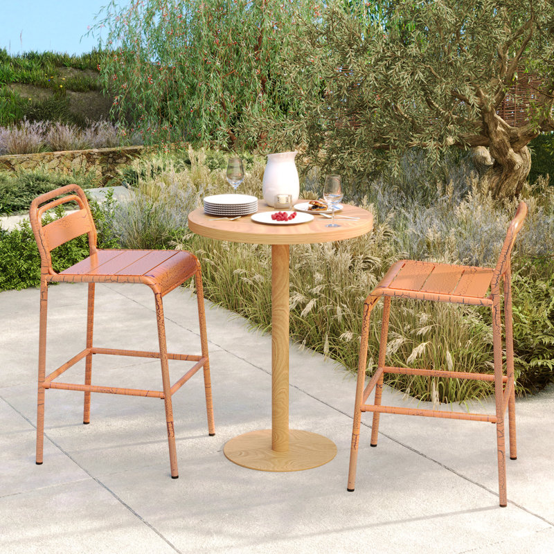 2 tabourets de bar d'extérieur en fer, finition craquelée mate, orange, assise confortable, 2 tabourets en fer, lambris moderne pour