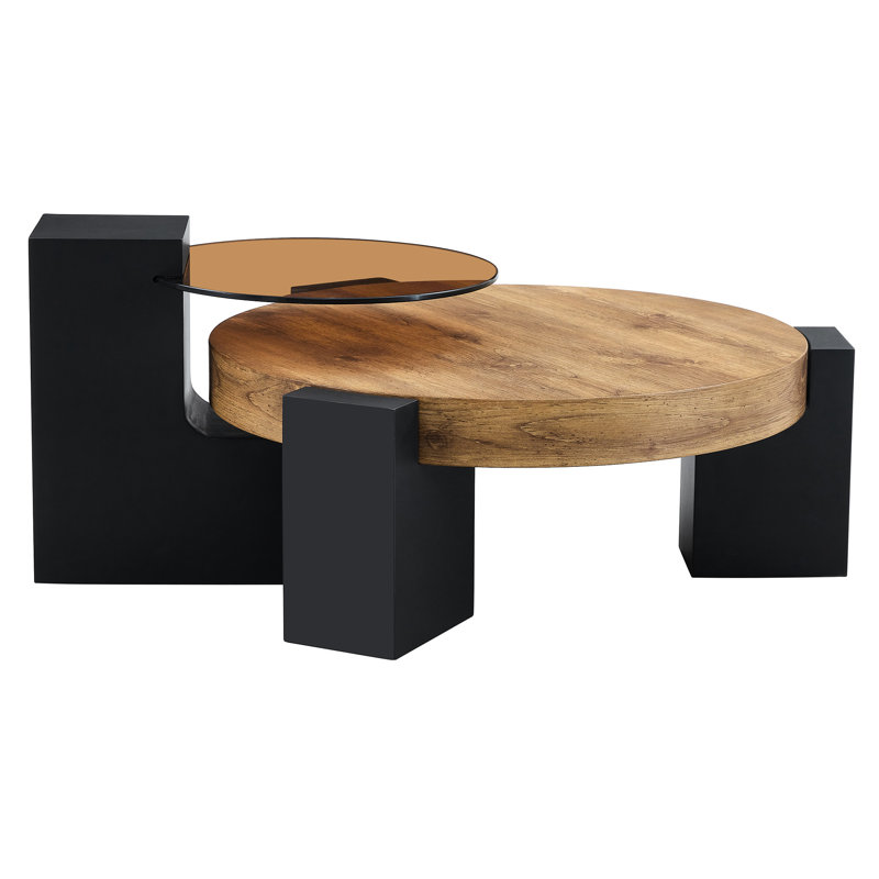 Modern Simple Double-Layer Round Coffee Table - Transparent Brown Glass Top With Black MDF L-Shaped Legs.The Detachable Design Can Make The Use Of Space More Flexible.W1151P209571 (Only Including Table)