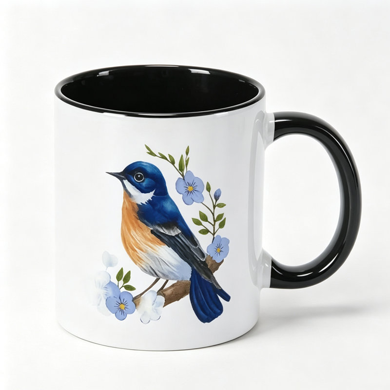 1pc Bluebird & Floral Ceramic Mug with, & White - Coffee Cup Suitable for Daily Use.