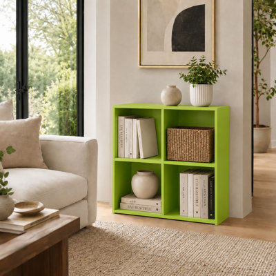 Bibliothèque de rangement moderne à 4 cubes avec tablettes ouvertes, casiers empilables et tablettes compactes pour le salon, la chambre à coucher, la chambre d'enfant ou le bureau personnel - Vert