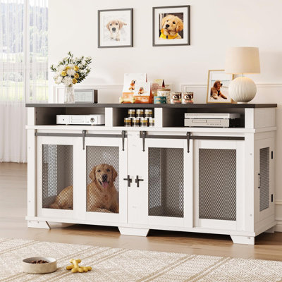 71'' Extra Large Double Wooden Dog Crate Indoor, 2-in-1 Kennel with Removable Divider and Storage Drawers, Heavy Duty TV Stand for Large Dogs