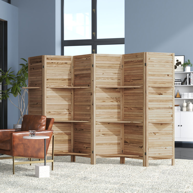 Cloison de séparation en bois à 6 panneaux avec tablettes Genoveva, Naturel