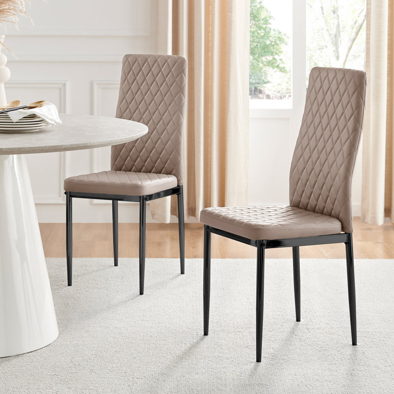 Eubanks Faux Leather Modern Tall Back Dining Chairs Set with Metal Legs & Diamond Stitching, Black, Cappuccino
