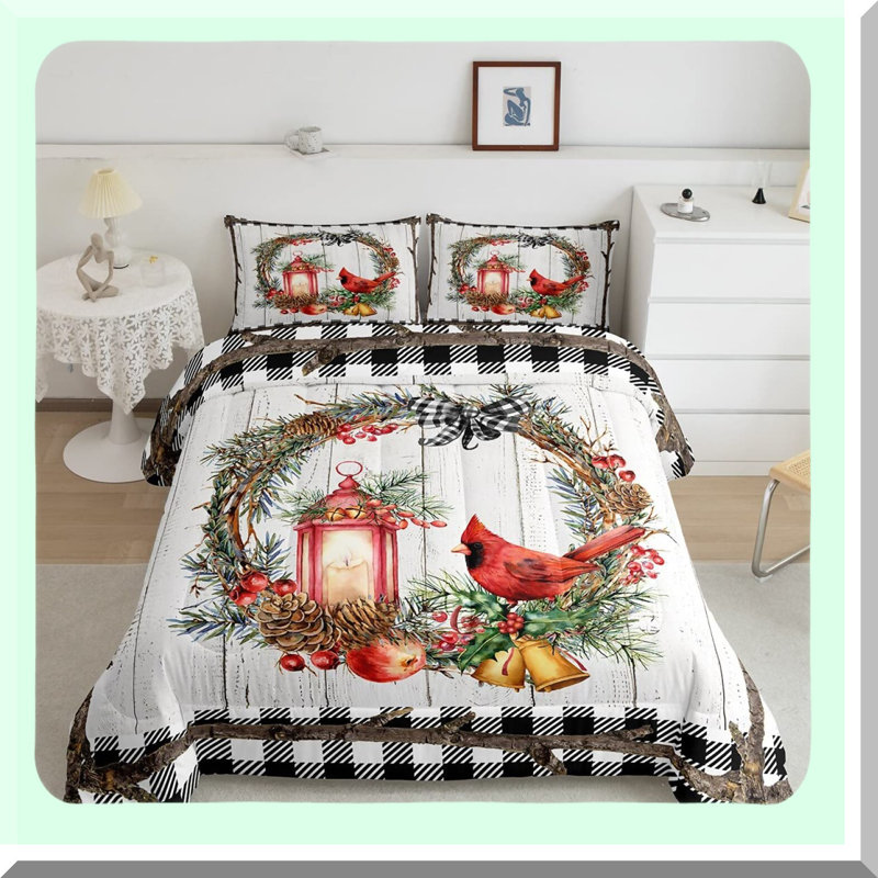 Birdsong Comforter Set - Branch Garland Duvet Quilt with Pillowcases - Cardinal Bedding Size - Xmas Decor - Soft Microfiber Black White Grid Pattern