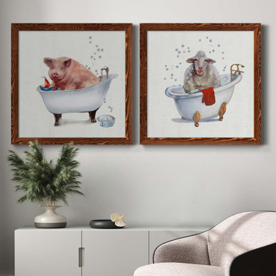 «Farm Tub Pig», ensemble de 2 peintures sur toile encadrées