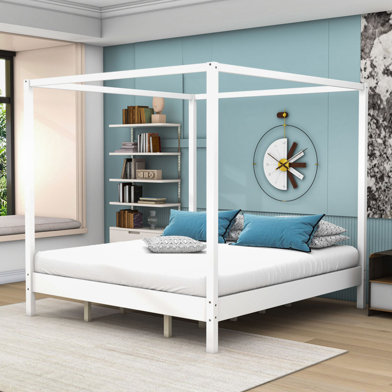 Wooden Frame Canopy Bed with Sturdy Construction, Natural, King
