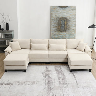 Roomfitters 133 x 65" Corduroy Modular U-Shaped Sectional Sofa with Armrest Bags, 6-Seat Sofa Bed for Comfortable Living Room