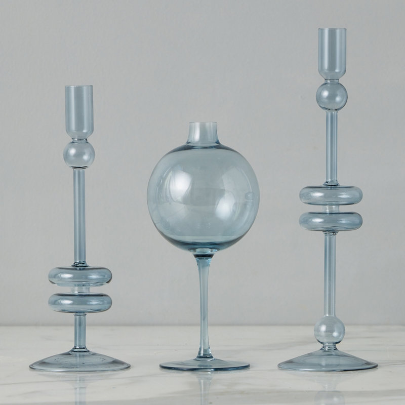 Glass Candlestick, 12" H x 4" W x 4" D, Denim Blue