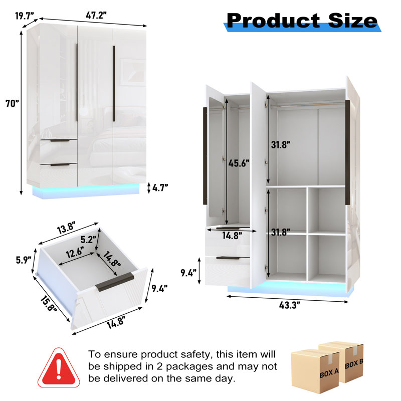 Armoire-penderie moderne ultrabrillante avec tablettes et tringle, Blanc