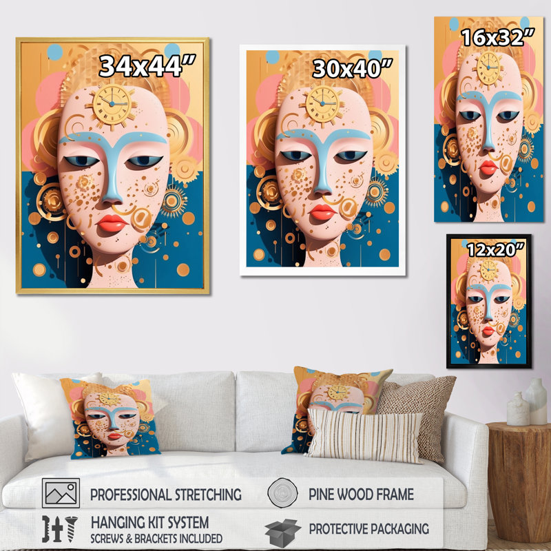 Masque de femme futuriste rose pastel sur toile, H 44 po x l 34 po x P 1,5 po, Cadre photo argenté