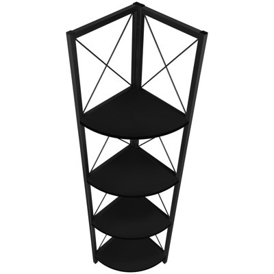 4 Tier Metal Bookcase For Office & Bedroom - Black Laminate Metal, Space Corner Shelf With Fan-Shaped Shelves Bookcase, Corner, And Appealing Design
