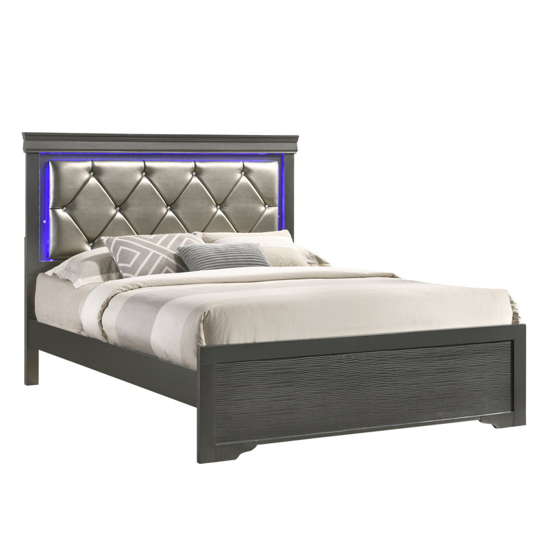 Grand lit gris avec éclairage à DEL et tête de lit tapissier en bois manufacturé moderne, Gris