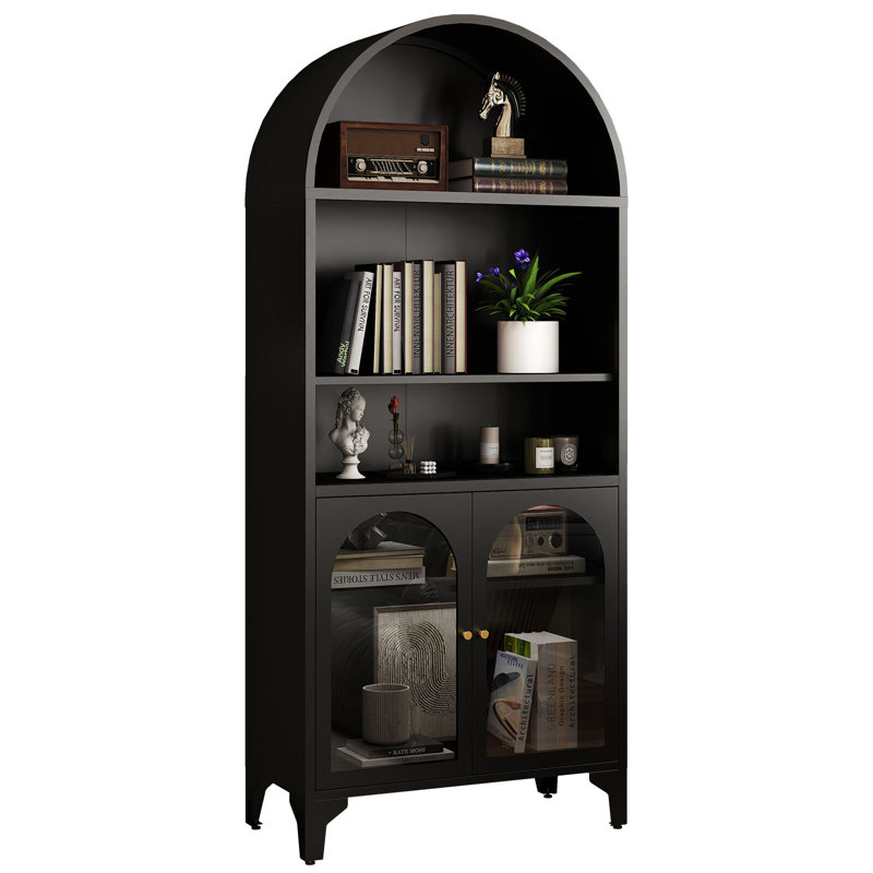 Vitrine de rangement arquée en métal 73,6 "avec tablettes réglables et portes en verre, Noir