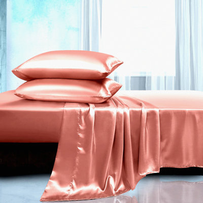 Rose Gold Silk Dream Queen Bedding Set - Luxurious Cooling Sheets with 1 Fitted Sheet, 1 Flat Sheet, and 2 Pillow Cases - Soft Silky 4 Piece Set