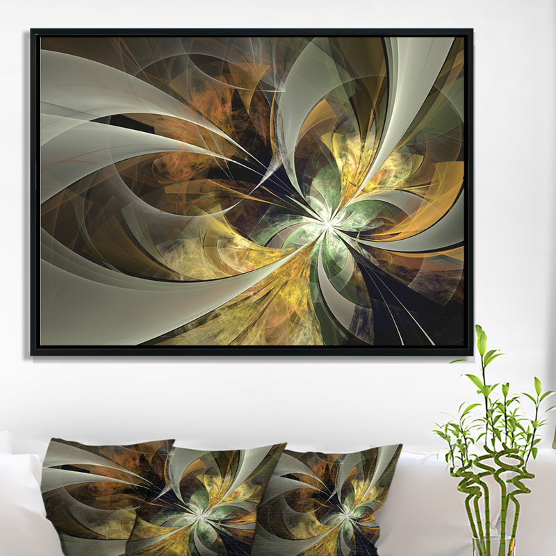 «Symmetric Gold Fractal Flower», impression, H 12 po x l 20 po, Toile avec cadre flottant, Noir
