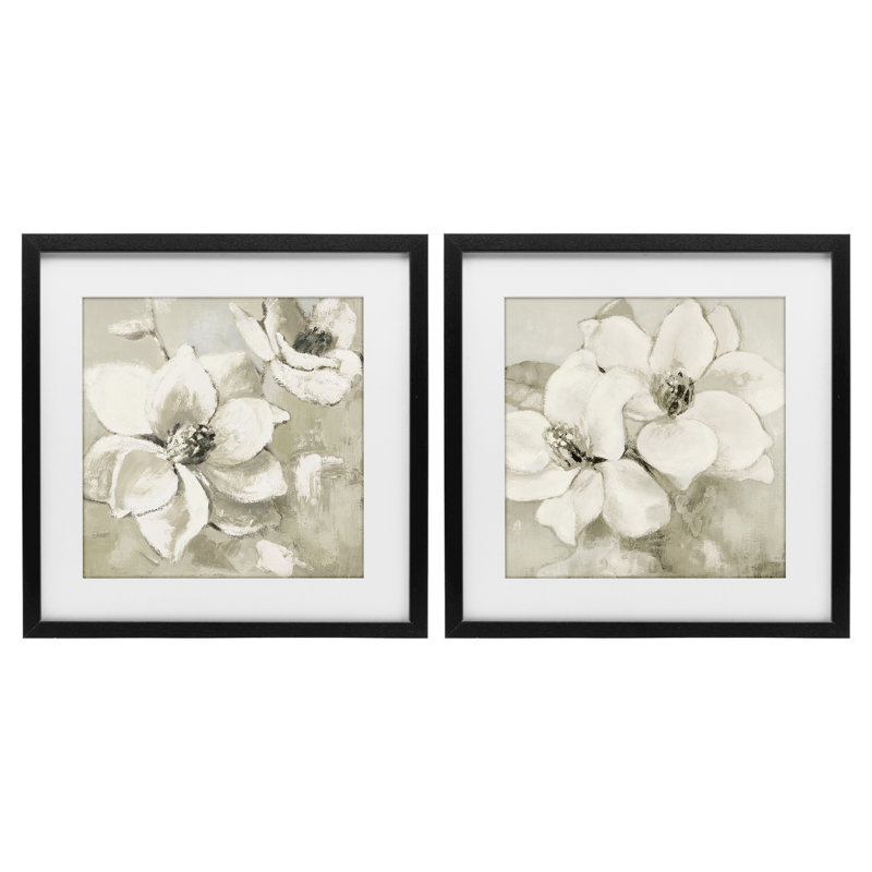 Ensemble de 2 impressions encadrées sous verre Beige Magnolias après la pluie, design par Lanie Loreth, H 16 po x l 16 po