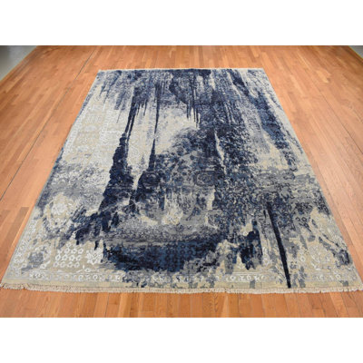 6'x8'10" Blue Wool and Silk Japanese Shibori Design Hand Knotted Rug 9B123BA160F94B4FAE7290388698C401