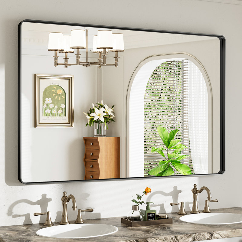 Miroir de salle de bain mural Llesenia, 48 po x 32 po, Noir mat, Rectangulaire