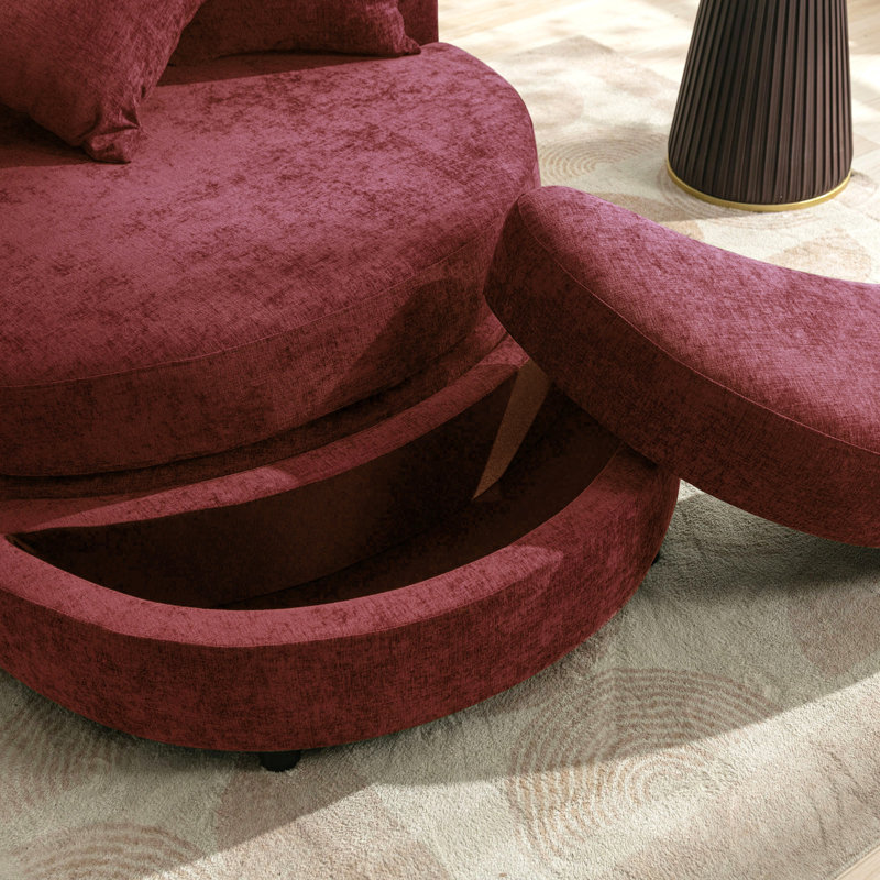 360° Swivel Accent Barrel Chair With Storage Ottoman & 4 Pillows, Modern Chenille Leisure Chair Round Accent For Living Room, Red