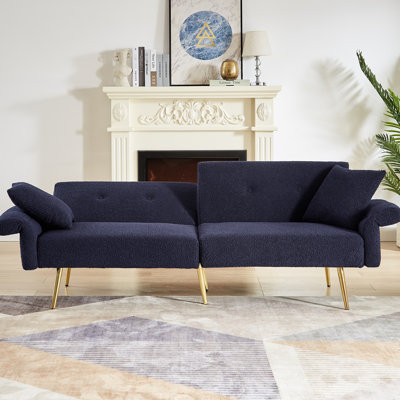 Moderne, canapé-lit à 3 places, bleu foncé, accoudoirs pliables, coussins moelleux réglables, revêtement de bureau, poche latérale à 4 angles, espace de vie principal