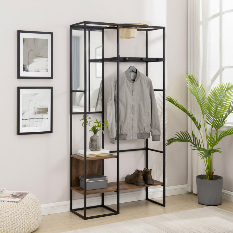 Arbre d'entrée moderne en métal et bois avec rangement suspendu, Chêne